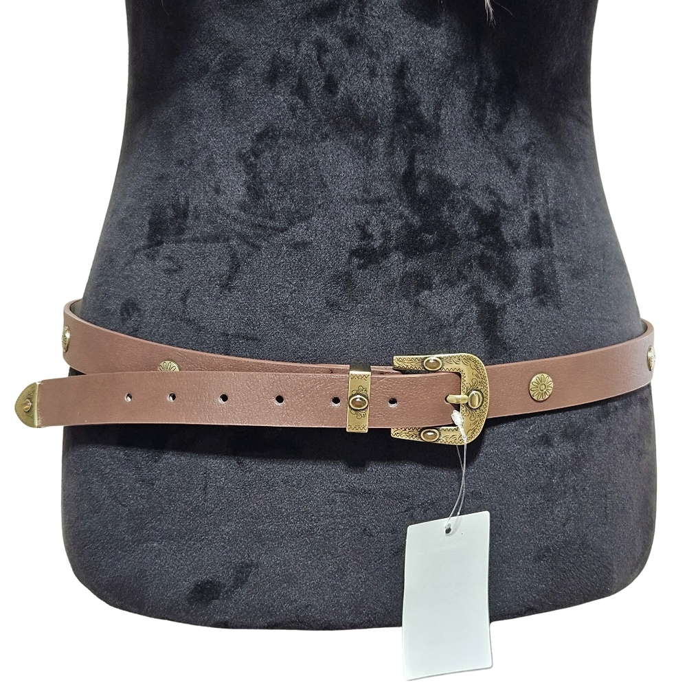 LP Blu Linea Pelle Brown Gold Western Belt Gold Buckle Cabochon Studs Classic